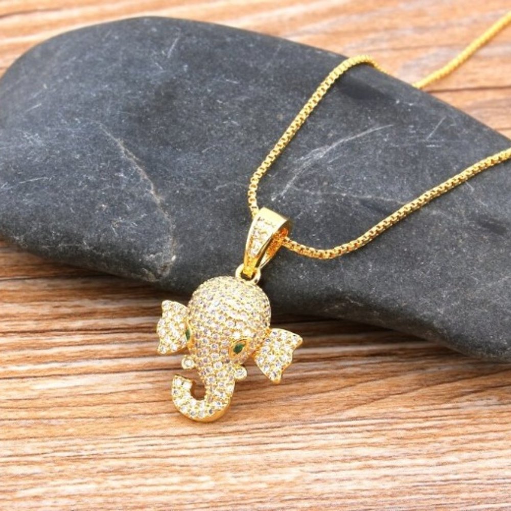 Crystal Elephant Head Necklace - Copper,  Triple plated in 18K Yellow GOld.   Sp